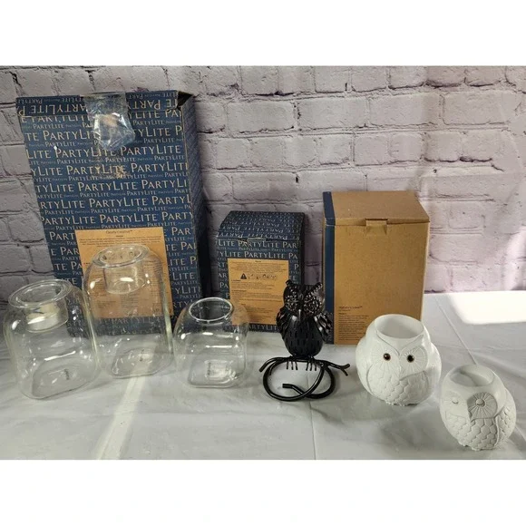 PARTYLITE Lot MAMA & BABY OWL CANDLE HOLDER Artiaian Owl Tea Light  & Clear Trio - Picture 5 of 5